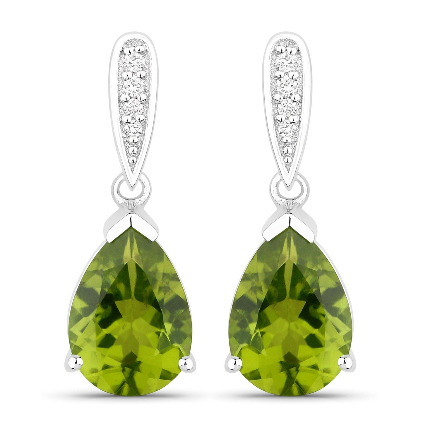2.70 Ct Pear Green Peridot & Lab Diamond V-Prong Silver Teardrop Dangle Earrings