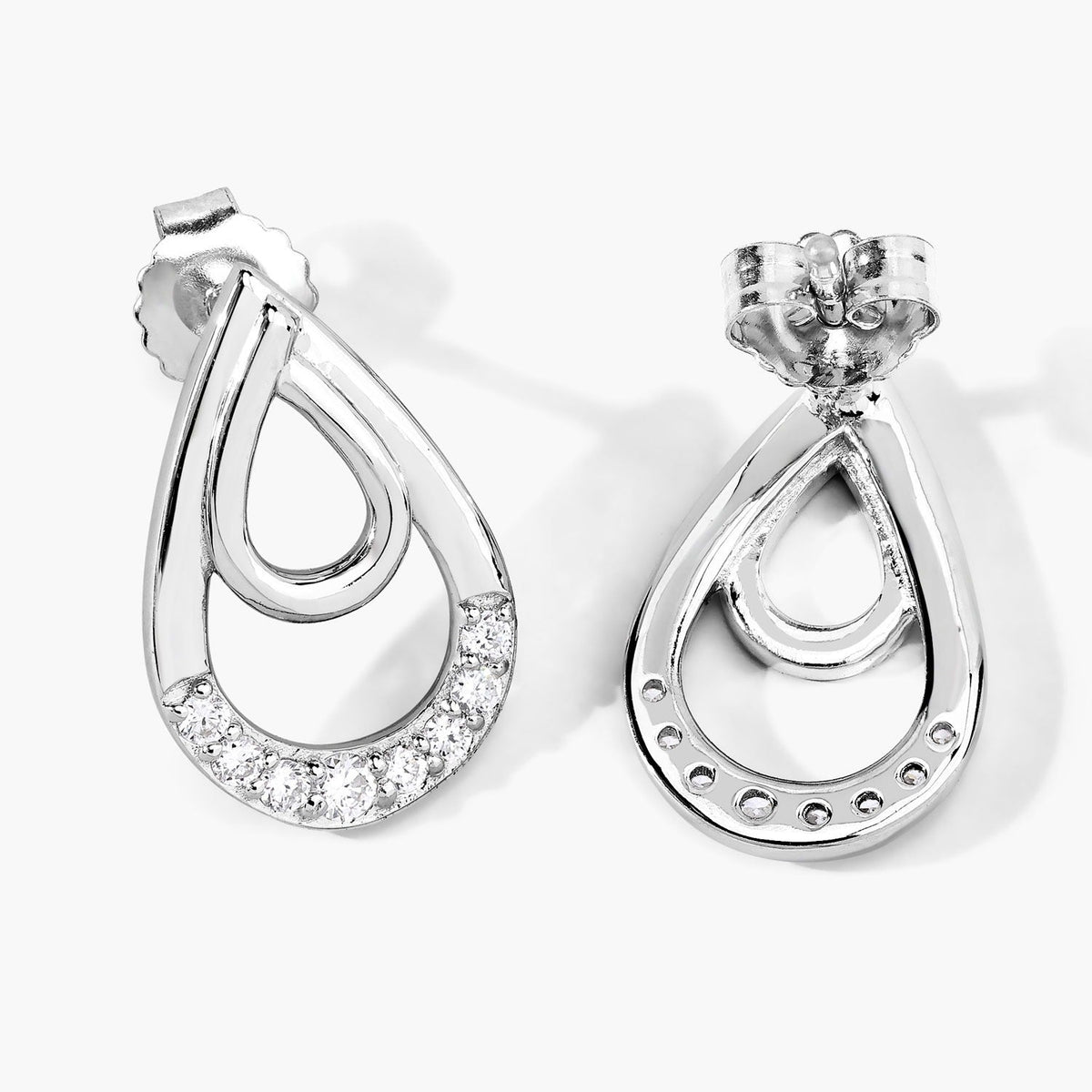 0.33 Cttw Round White Lab Diamond Pavé Rhodium Plated Silver Double Teardrop Stud Earrings