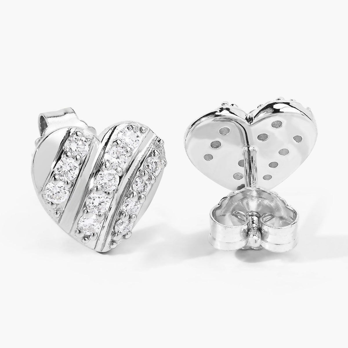 0.50 Cttw Round White Lab Diamond Pavé Rhodium Plated Silver Striped Heart Stud Earrings
