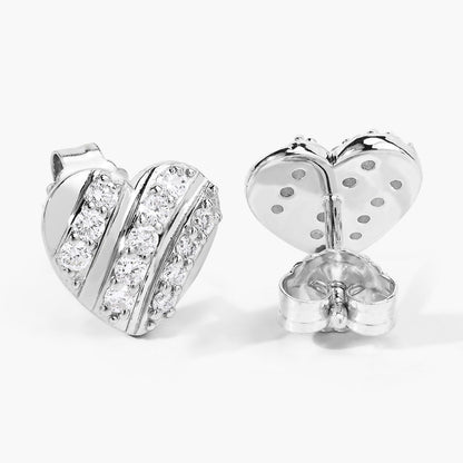 0.50 Cttw Round White Lab Diamond Pavé Rhodium Plated Silver Striped Heart Stud Earrings