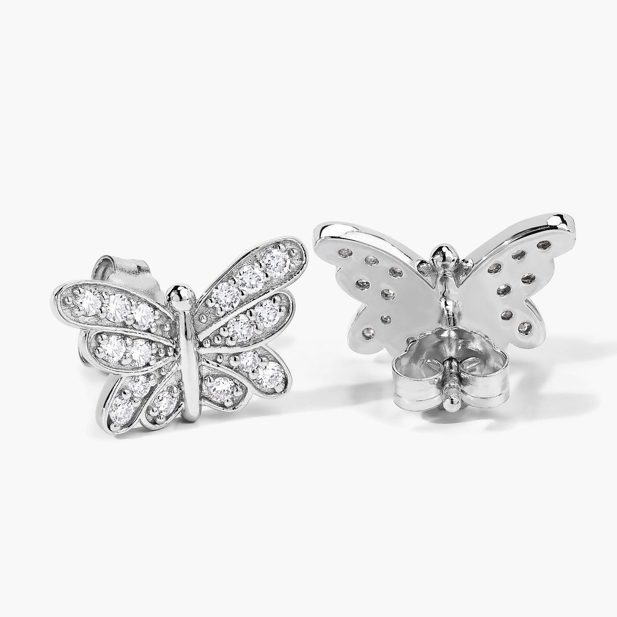 0.52 Cttw Round White Lab Diamond Pavé Rhodium Plated Silver Butterfly Stud Earrings