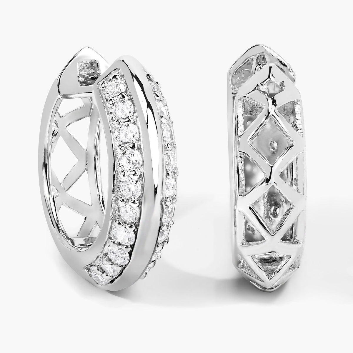 1.00 Cttw Round White Lab Diamond Pavé Rhodium Plated Silver Double Row Huggie Hoop Earrings