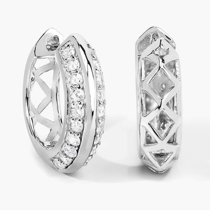 1.00 Cttw Round White Lab Diamond Pavé Rhodium Plated Silver Double Row Huggie Hoop Earrings