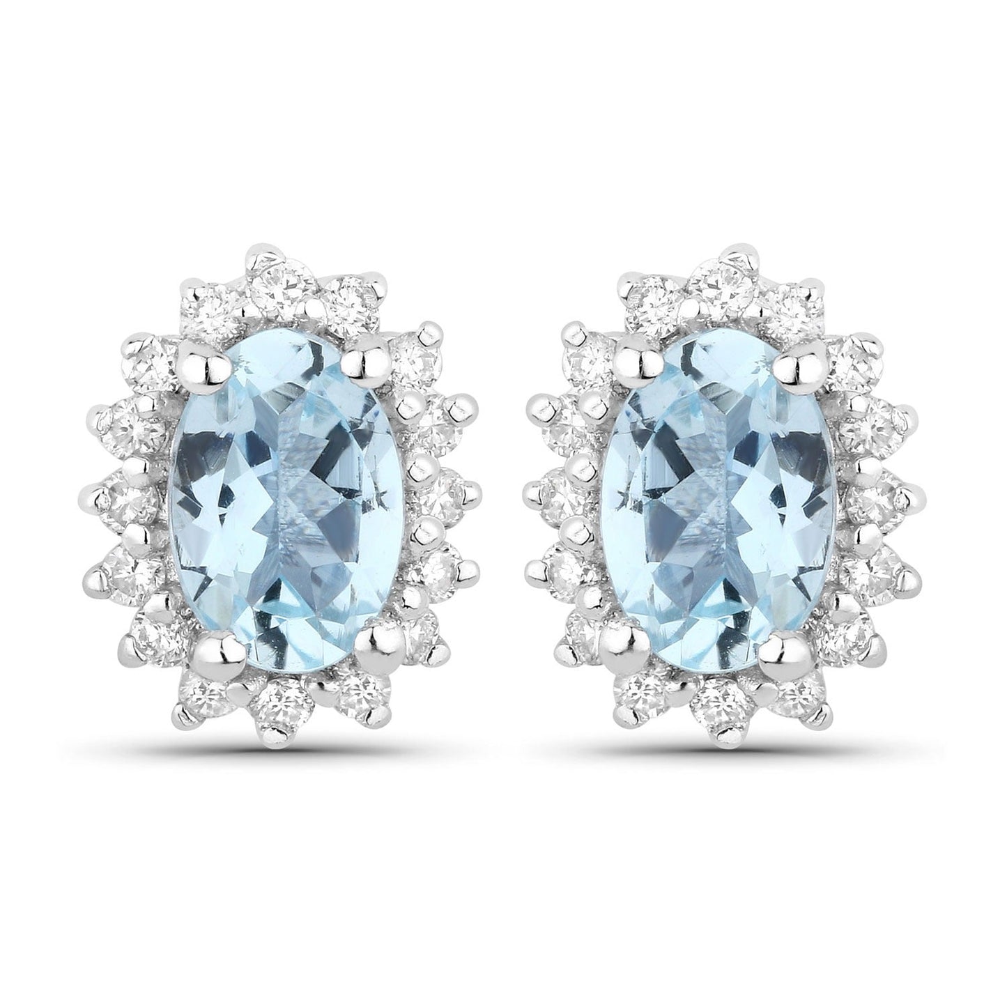 0.80 Ct Oval Blue Aquamarine & Lab Diamond Prong Silver Halo Basket Stud Earrings