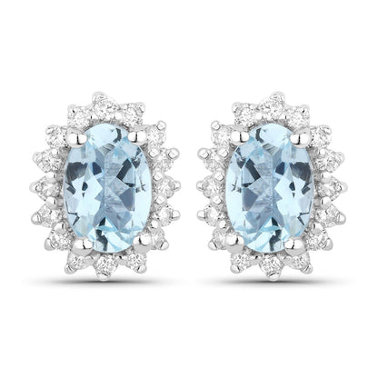 0.80 Ct Oval Blue Aquamarine & Lab Diamond Prong Silver Halo Basket Stud Earrings