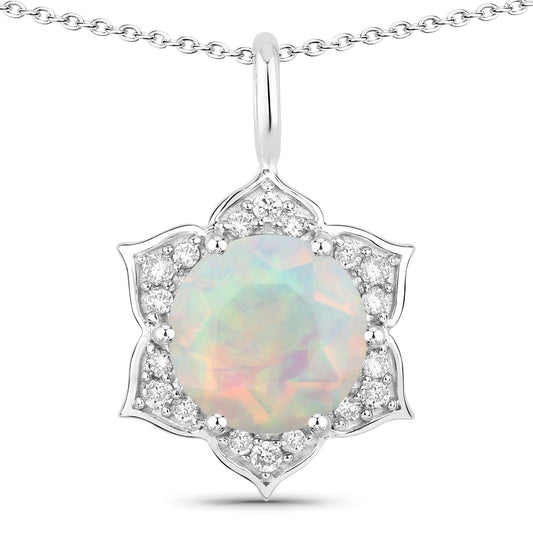 0.90 Ct round white Ethiopian Opal and Lab Diamond prong Silver flower pendant Necklace