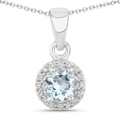 0.38 Ct round blue Aquamarine & Lab Diamond prong Silver Halo pendant Necklace