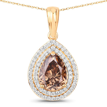 2.01 Ct Genuine Pear Brown Diamond  18K Yellow Gold Statement Pendant