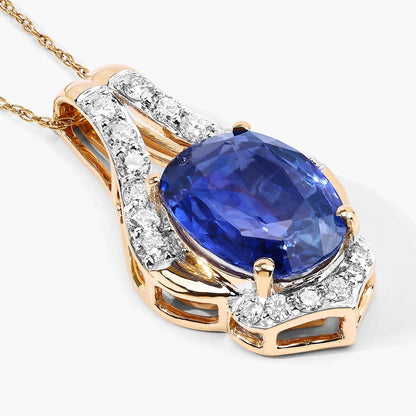 4.13 Ct Genuine Oval Ceylon Blue Sapphire and Diamond 18K Yellow Gold Statement Pendant
