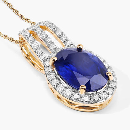 4.06 Ct Genuine Oval Ceylon Blue Sapphire and Diamond 18K Yellow Gold Statement Pendant