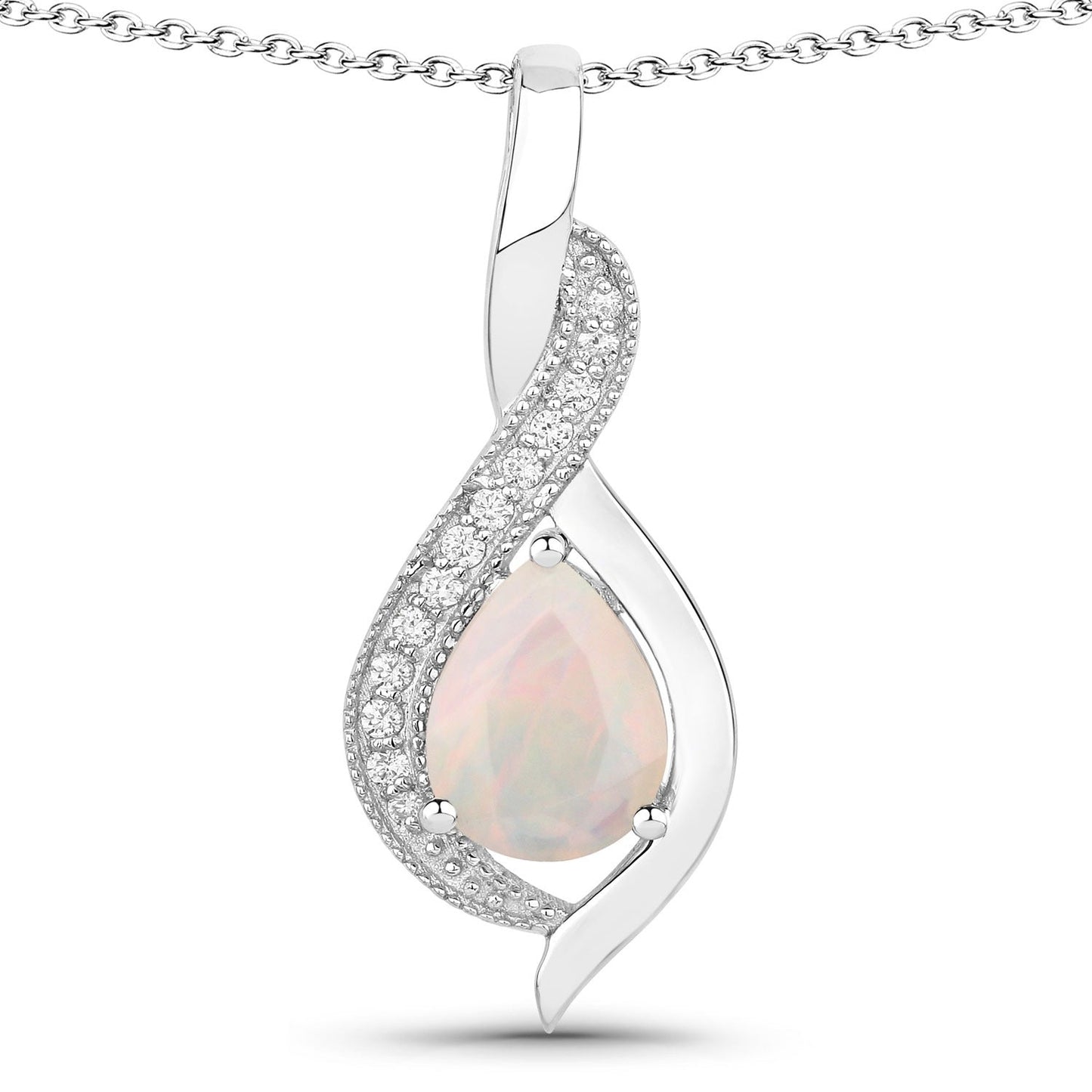 0.90 Ct Pear White Ethiopian Opal & Lab Diamond Prong Silver Teardrop Crossover Pendant Necklace