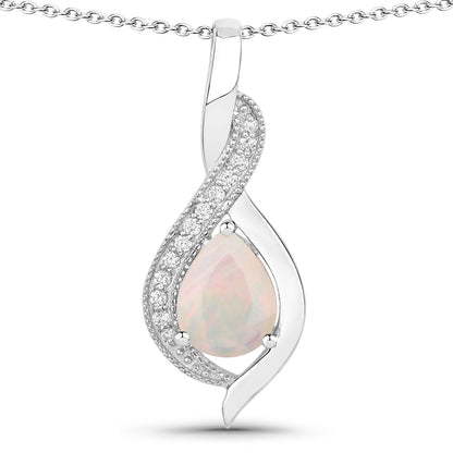 0.90 Ct Pear White Ethiopian Opal & Lab Diamond Prong Silver Teardrop Crossover Pendant Necklace