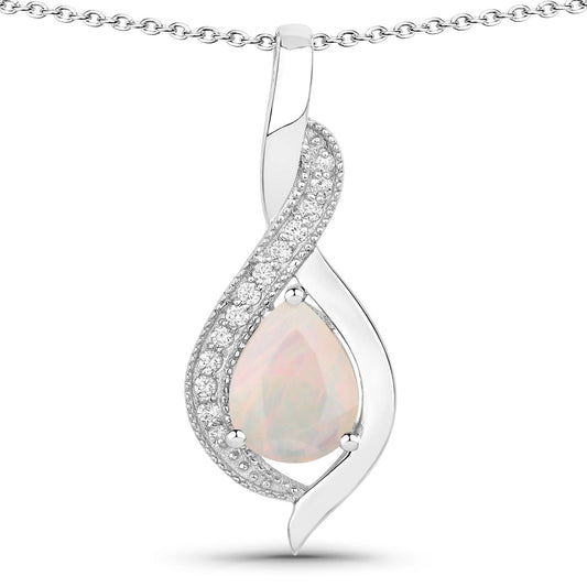 0.90 Ct Pear White Ethiopian Opal & Lab Diamond Prong Silver Teardrop Crossover Pendant Necklace