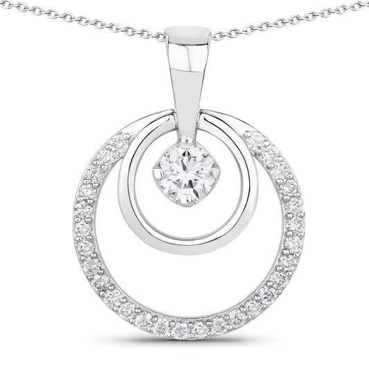 1 Cttw Round White Lab Grown Diamond Rhodium Plated Silver Double Circle Halo Pendant Necklace