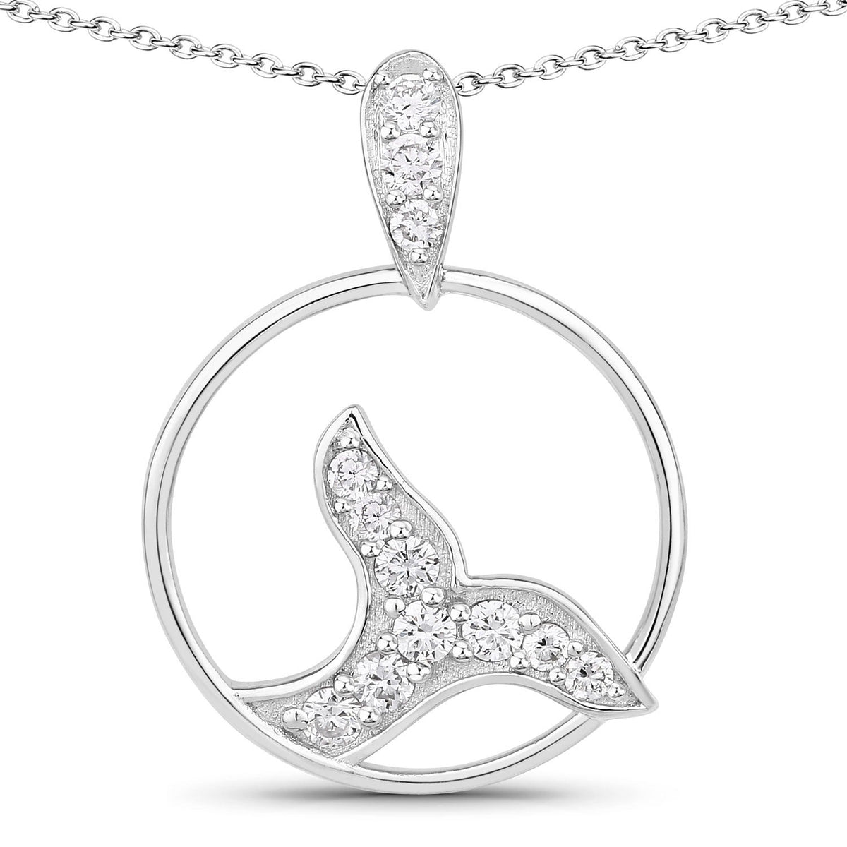0.34 Cttw Round Lab Diamond Rhodium Plated Silver Whale Tail Circle Pendant Necklace