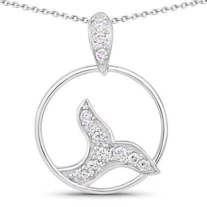 0.34 Cttw Round Lab Diamond Rhodium Plated Silver Whale Tail Circle Pendant Necklace