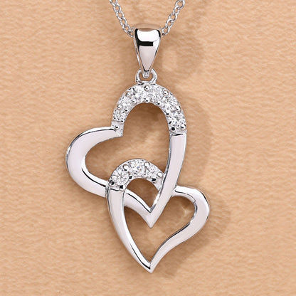 0.26 Cttw Round Lab Diamond Rhodium Plated Silver Intertwined Double Heart Pendant Necklace