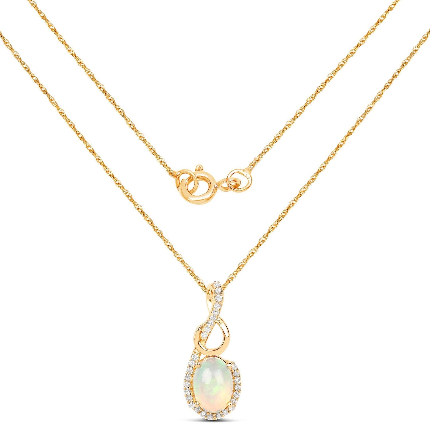 0.48 Ct Oval White Opal & Diamond Prong 14K Gold Plated Silver Crossover Pendant Necklace