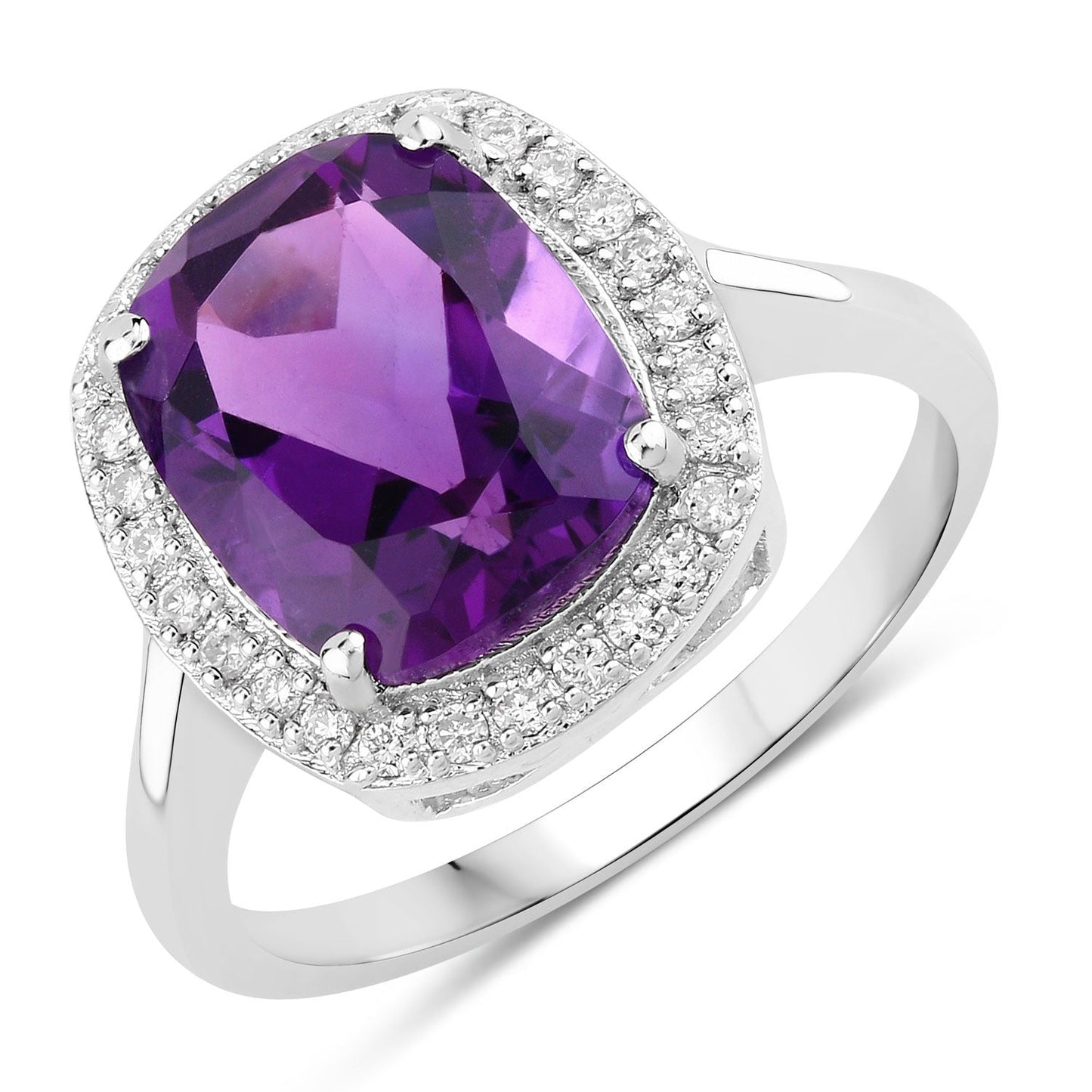 3.80 Ct Cushion Purple Amethyst & Lab Diamond Prong Silver Halo Bridge Ring