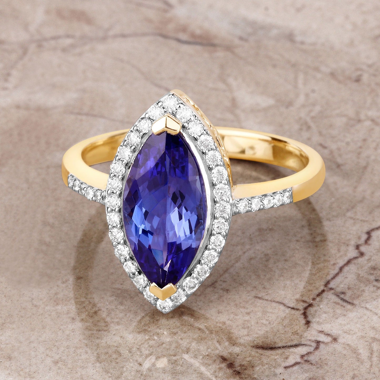 2.06 Ct Marquise Violet Tanzanite Diamond Prong 14K Yellow Gold Halo Pave Bridge Ring