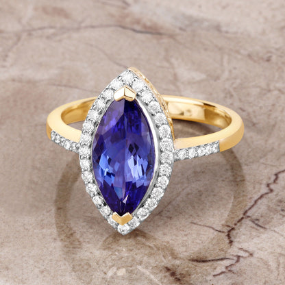 2.06 Ct Marquise Violet Tanzanite Diamond Prong 14K Yellow Gold Halo Pave Bridge Ring