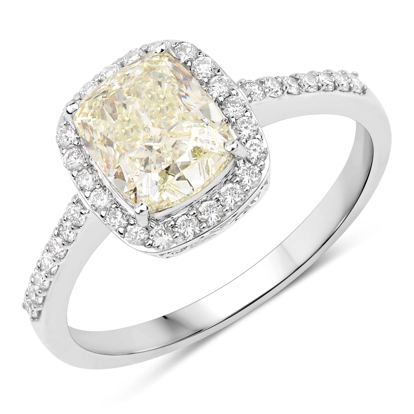 2.05 Ct Cushion Cut Genuine Yellow Diamond 18K White Gold Pave Ring