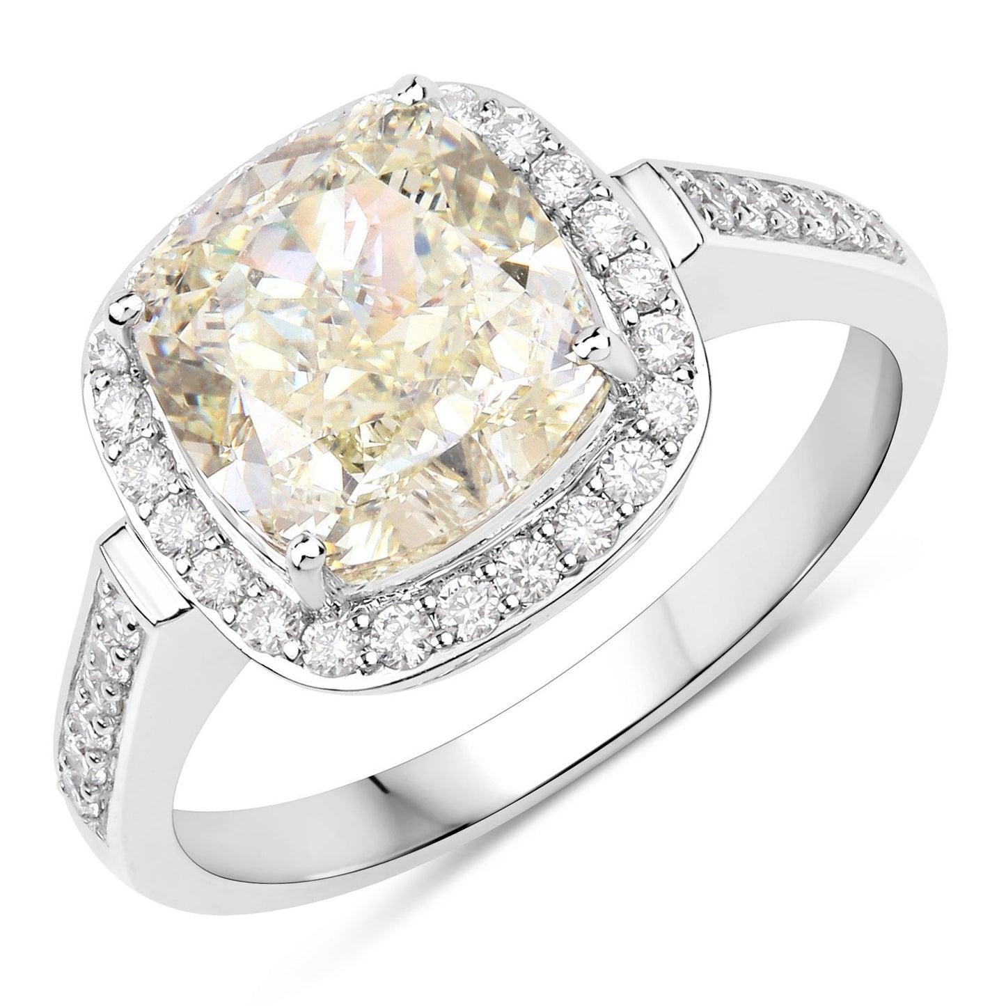 4.02 Ct Natural Yellow Diamond 18K White Gold Pave Halo Cushion Ring