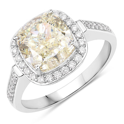 4.02 Ct Natural Yellow Diamond 18K White Gold Pave Halo Cushion Ring