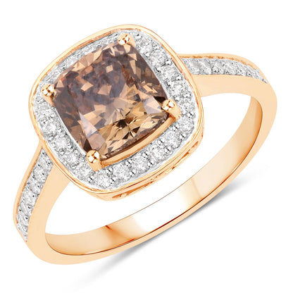 2.19 Ct Genuine Brown Diamond 18K Yellow Gold Halo Pave Cushion Ring