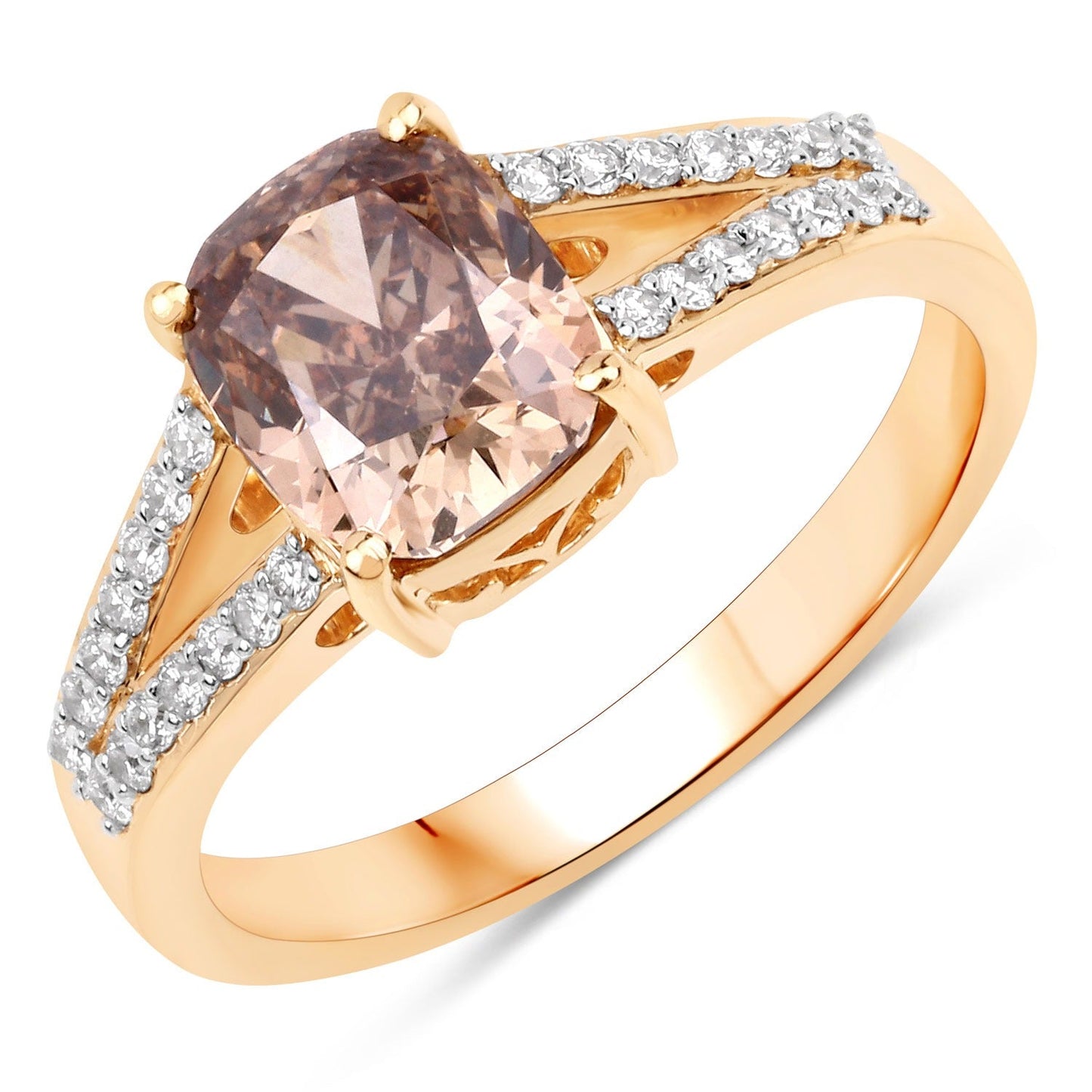 2.02 Ct Genuine Cushion Cut Brown Diamond 18K Yellow Gold Pave Split Shank Ring