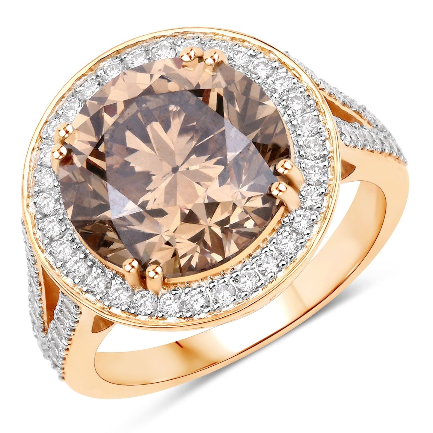 7.07 Ct Genuine Round Brown Diamond 18K Yellow Gold Pave Halo Ring