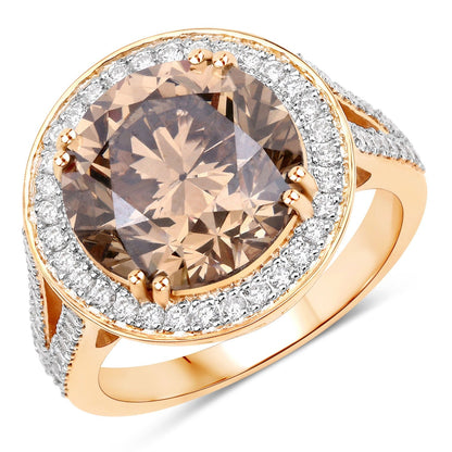 7.07 Ct Genuine Round Brown Diamond 18K Yellow Gold Pave Halo Ring