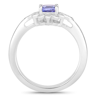 0.59 Ct Cushion Violet Tanzanite & Created White Sapphire Prong Silver Flower Halo Ring