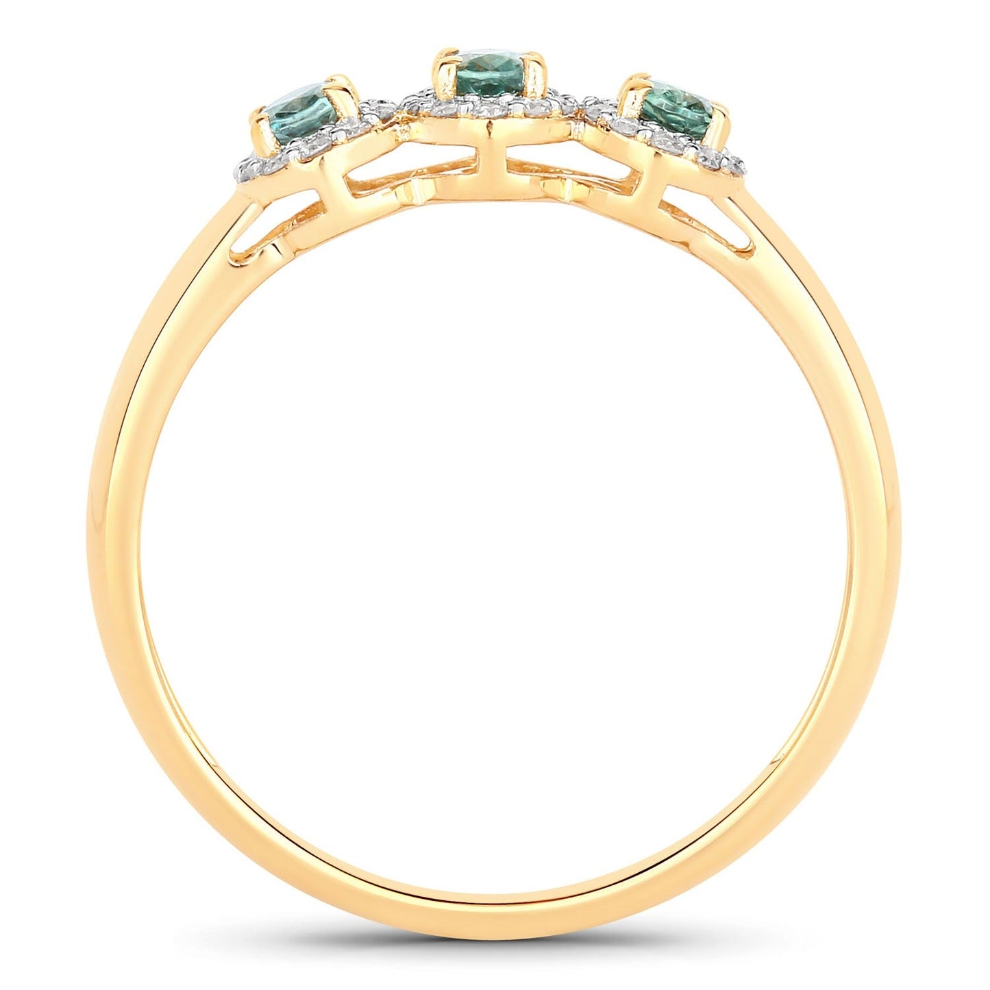 0.46 Ct Green Genuine Alexandrite and Diamond 18K Yellow Gold Three Stone Halo Ring