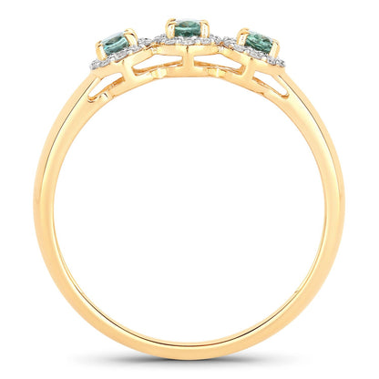 0.46 Ct Green Genuine Alexandrite and Diamond 18K Yellow Gold Three Stone Halo Ring