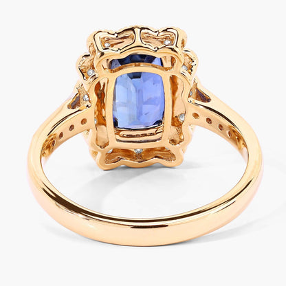 3.21 Ct Cushion Ceylon Blue Sapphire and White Diamond Prong 18K Gold Pave Halo Statement Ring
