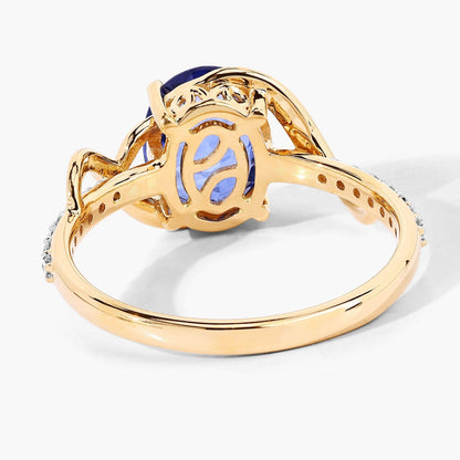 2.34 Ct Oval Ceylon Blue Sapphire and White Diamond Prong 18K Yellow Gold Pave Crossover Ring