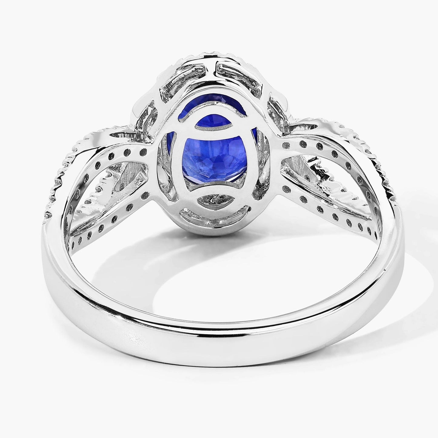 2.33 Ct Oval Ceylon Blue Sapphire and White Diamond Prong 18K White Gold Pave Halo Crossover Ring