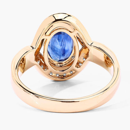 2.37 Ct Oval Ceylon Blue Sapphire and White Diamond Prong 18K Yellow Gold Pave Halo Statement Ring
