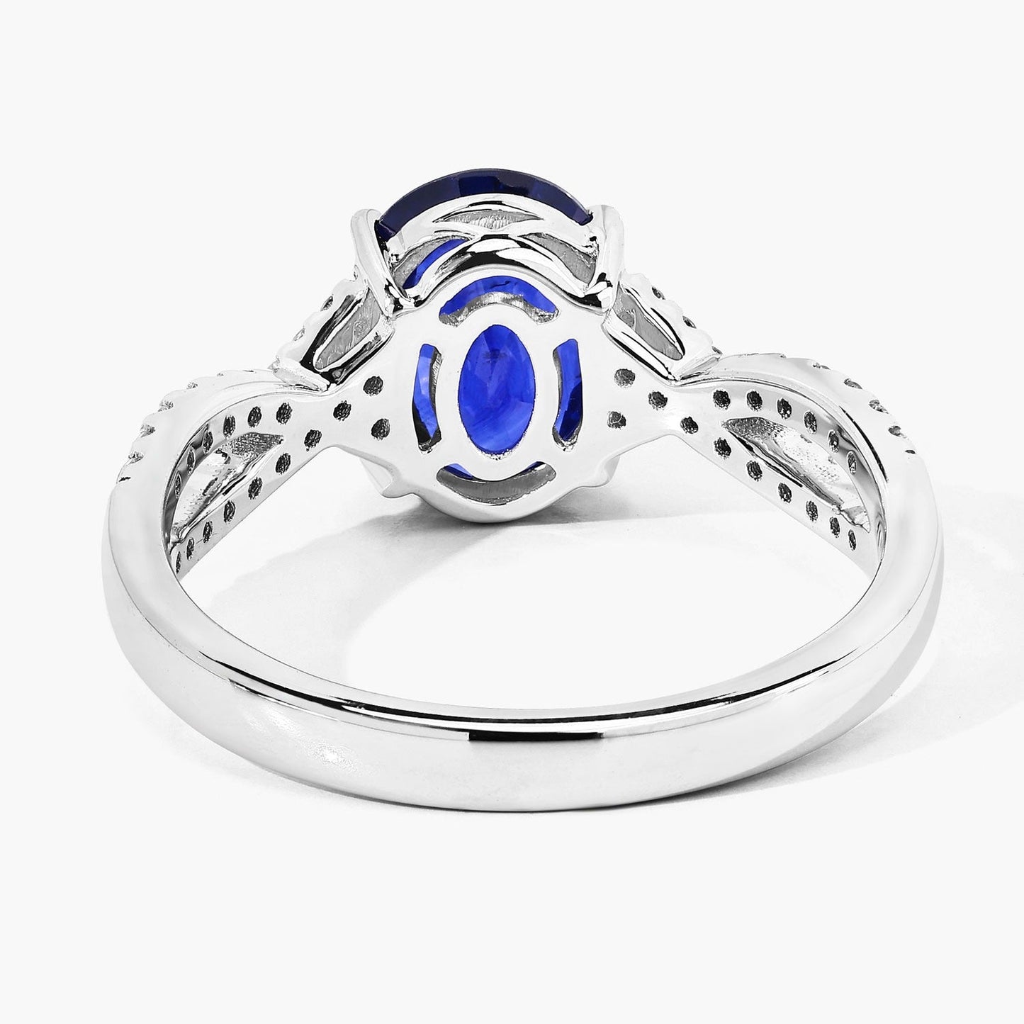 2.18 Ct Oval Ceylon Blue Sapphire and White Diamond Prong 18K White Gold Pave Crossover Engagement Ring