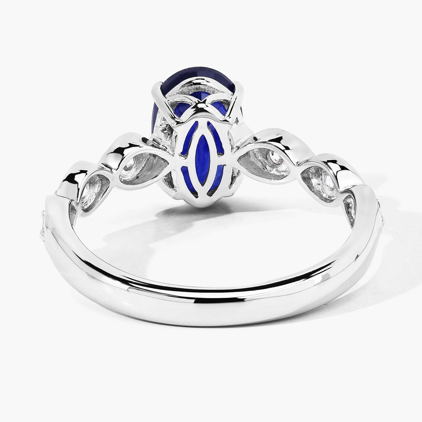 2.57 Ct Oval Ceylon Blue Sapphire and White Diamond Prong 18K White Gold Crossover Wedding Ring