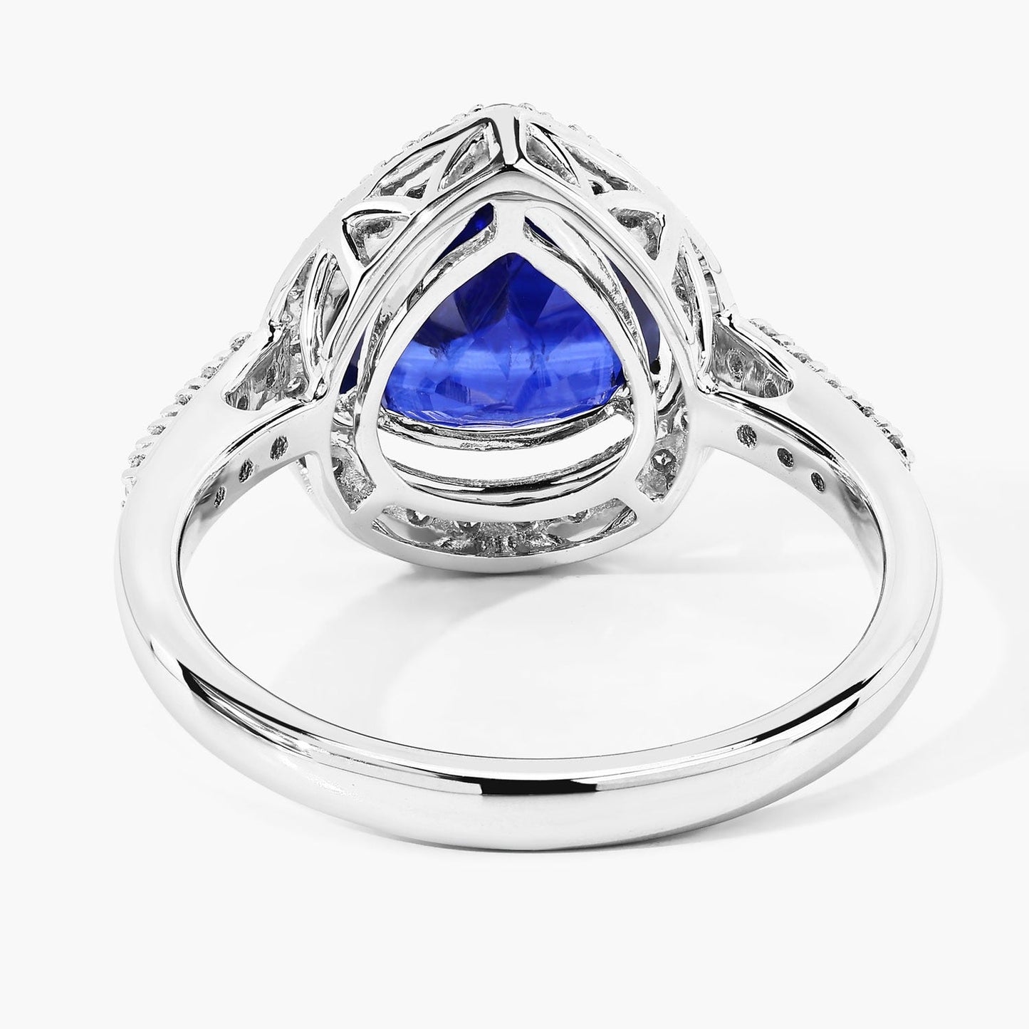 3.47 Ct Pear Ceylon Blue Sapphire and White Diamond Prong 18K White Gold Pave Halo Statement Ring