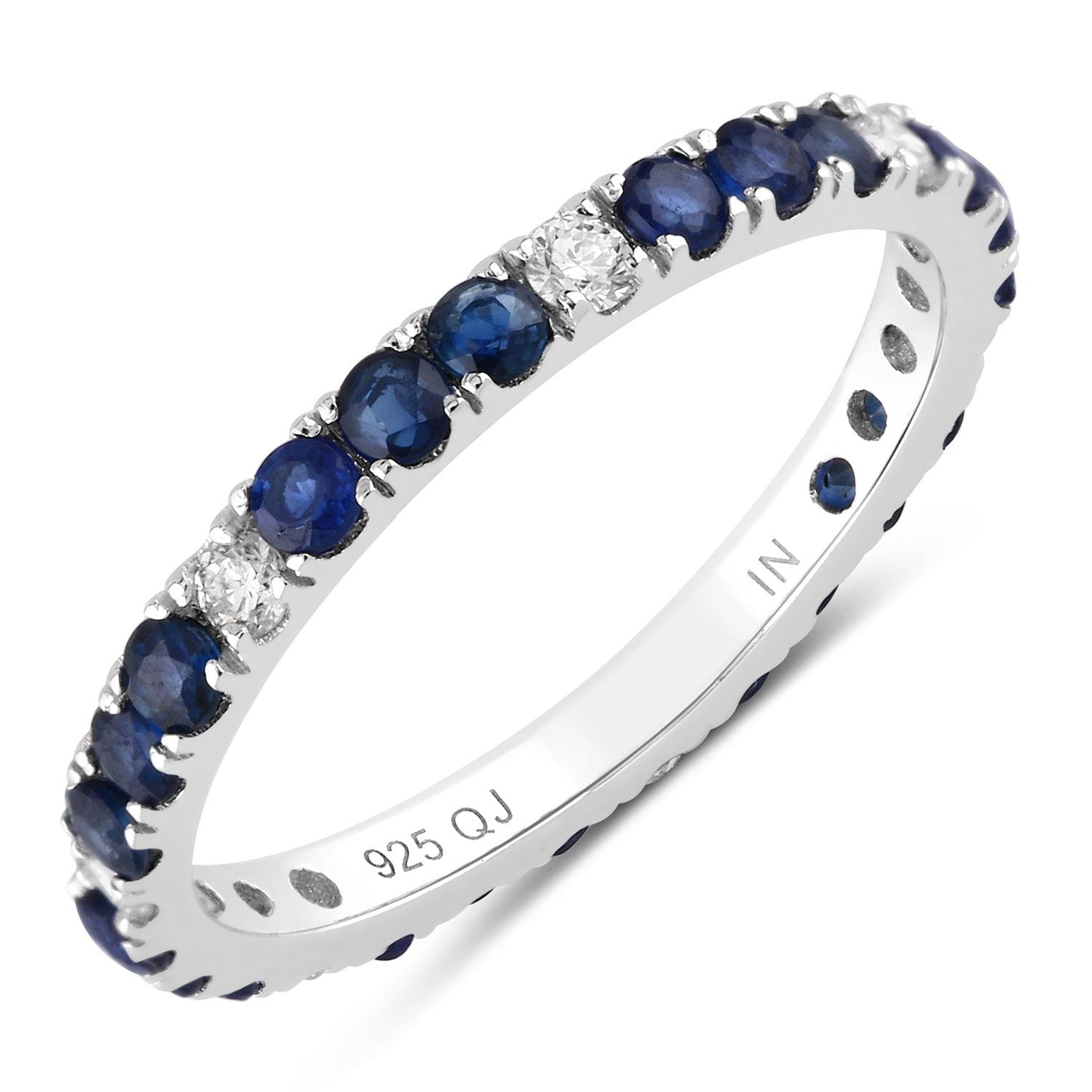 1.01 Ct Round Blue Sapphire and Lab Diamond Prong Silver Eternity Band Ring