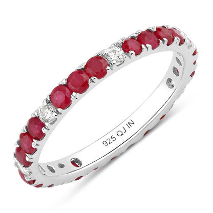 1.01 Ct Round Pink Mozambique Ruby and Lab Diamond Prong Silver Eternity Band Ring