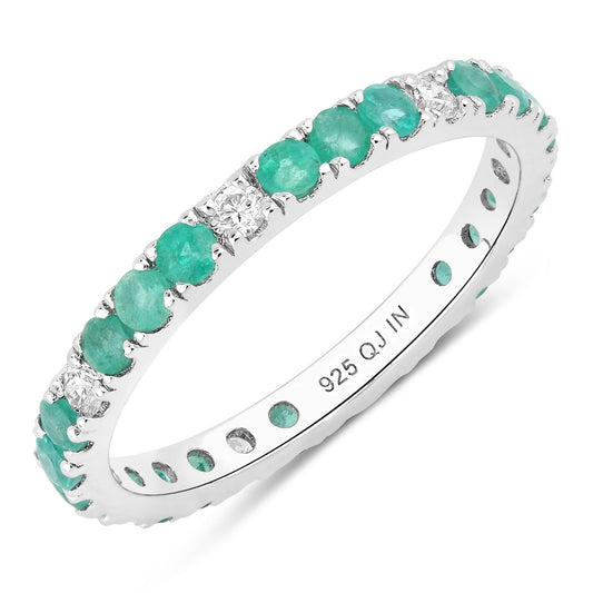 0.75 Ct Round Green Zambian Emerald and Lab Diamond Prong Silver Eternity Band Ring