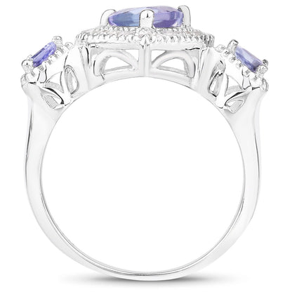 0.95 Ct Heart Violet Tanzanite & Diamond Prong Silver Halo Three Stone Ring