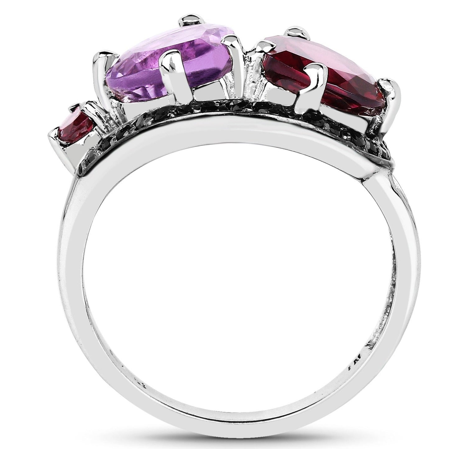 4.07 Ct Heart Purple Amethyst & Rhodolite Prong Silver Pave Toi et Moi Cocktail Ring