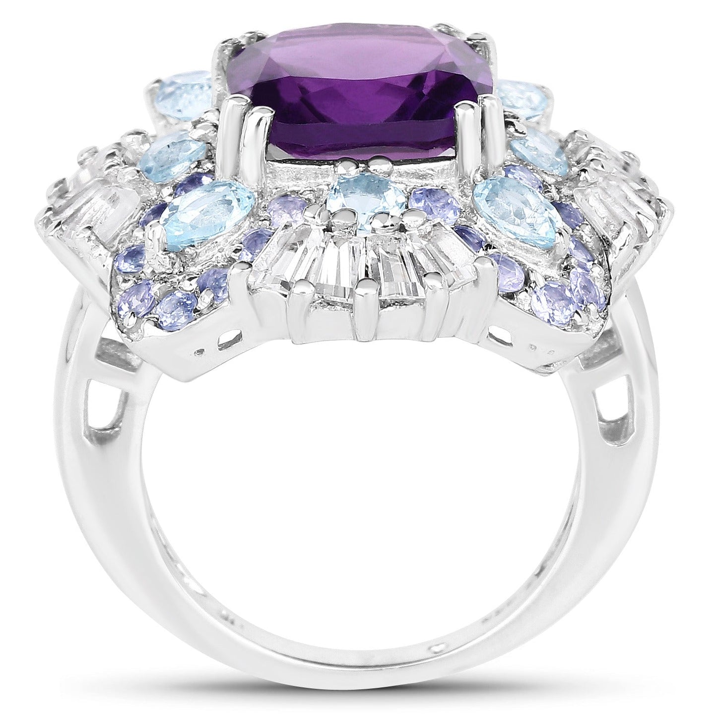 8.38 Ct Cushion Purple Amethyst Prong Sterling Silver Cluster Halo Cocktail Ring