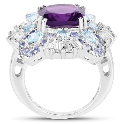 8.38 Ct Cushion Purple Amethyst Prong Sterling Silver Cluster Halo Cocktail Ring