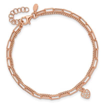 Round White Cubic Zirconia Prong Rose Gold Plated Silver 2-Strand Paperclip & Curb Chain with Pave Heart Charm Link Bracelet